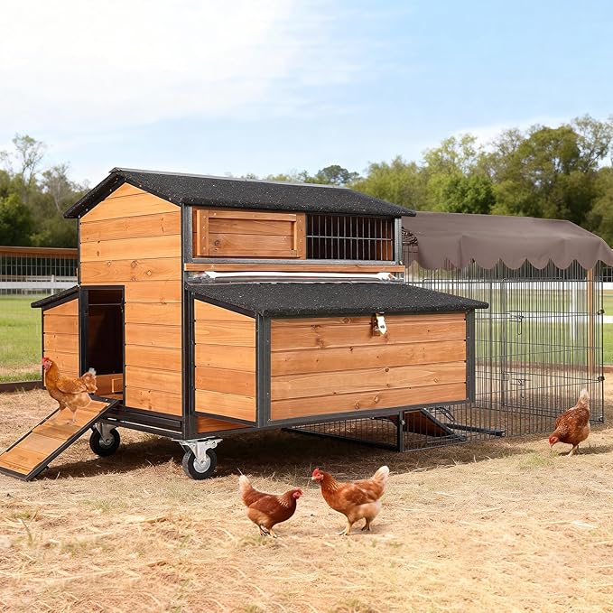 Large Chicken Coop with Run, Mobile Chicken House with Wheels and All-Around Iron Frame, Chicken Tractor Poultry Cage for 6-8 Chickens, Nesting Box, Metal Pull-Out Tray
