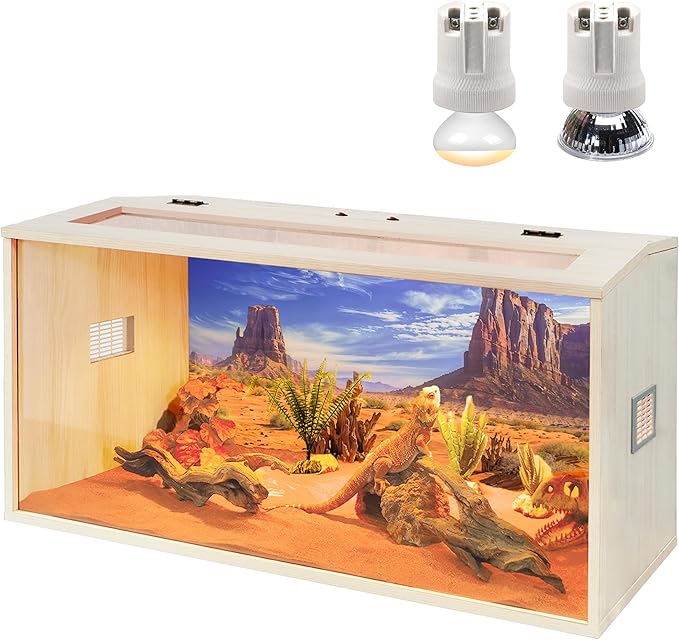 PROLEE Bearded Dragon Tank,Wooden Reptile Tank and Lizard Tank,Tempered Glass Large Bearded Dragon Enclosure with Built-in Lamp Fixture (32X16X16inch,34 Gallons)
