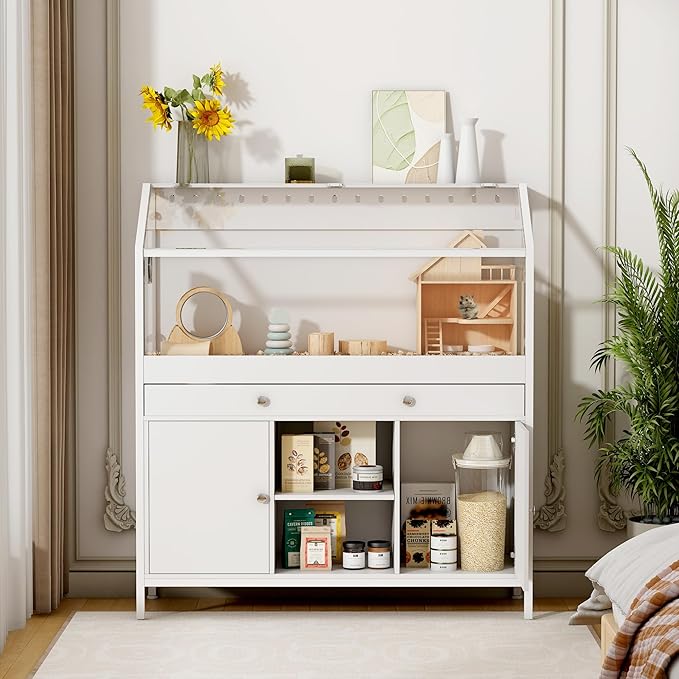 Pipleo Hamster Cage with Storage Cabinet, 43.3" Small Animal Cage with LED Lights and Fan, Easy View Acrylic Panel, Large Habitat for Guinea Pig, Ferret, Rat, Hedgehog