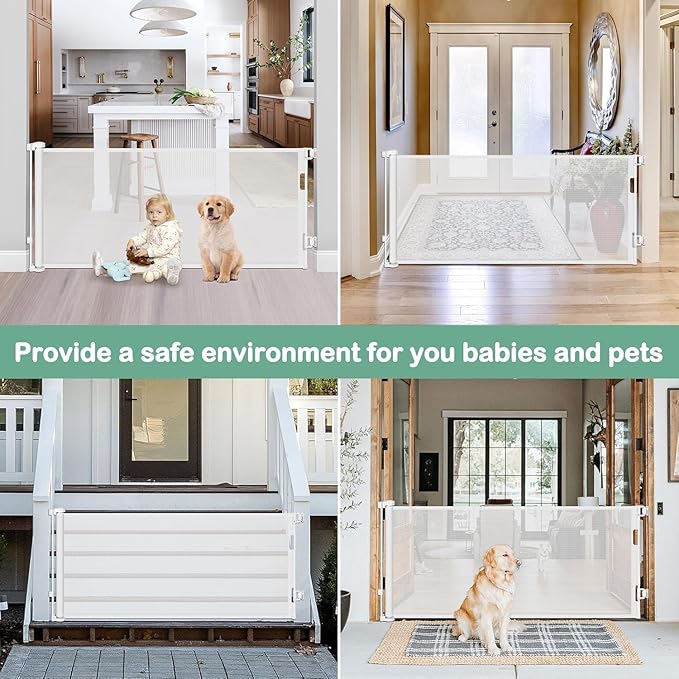 Retractable Dog Gates for Doorways 55 Inch Wide Retractable Baby Gates for Dogs Indoor Pet Barrier for Dogs Mesh Baby Gate No Bottom Bar Outdoor Dog Gate for Deck/Kitchen/Front Porch/Bedroom, White