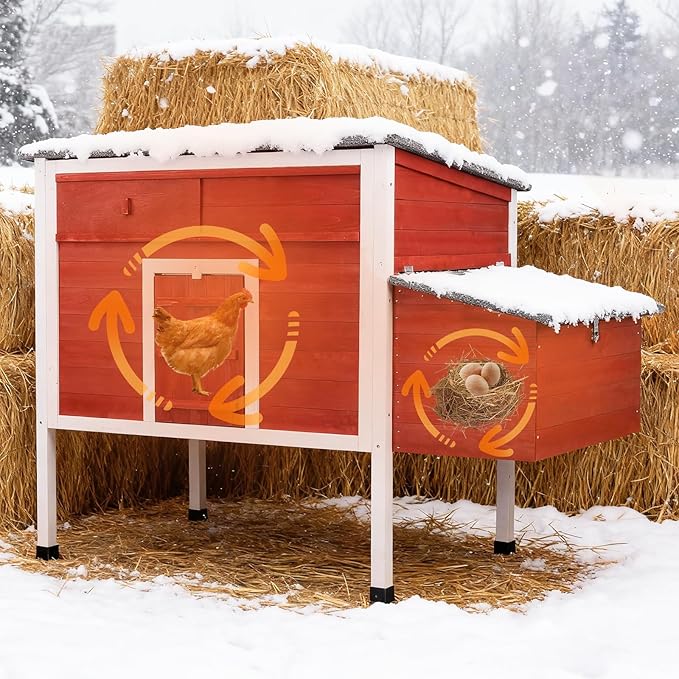 FunXplore Chicken Coop Hen House Wooden Insulated Poultry Cage Rabbit Hutch with Nesting Box Asphalt Roof Pull-Out Metal Tray Elevated Legs Removable PVC Layer
