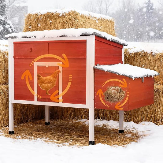 FunXplore Chicken Coop Hen House Wooden Insulated Poultry Cage Rabbit Hutch with Nesting Box Asphalt Roof Pull-Out Metal Tray Elevated Legs Removable PVC Layer