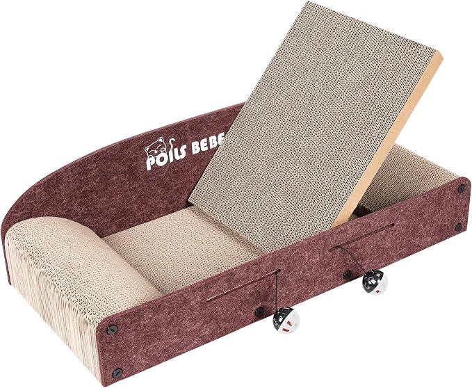 Poils Bebe 26 Inch Sofa Cat Scratcher, Small Cat Scratcher Cardboard with Bell Balls, Durable Couch Lounger for Indoor Cats, Cat Scratch Furniture Protector with Catnip, Cat Toys by Poilsbebe