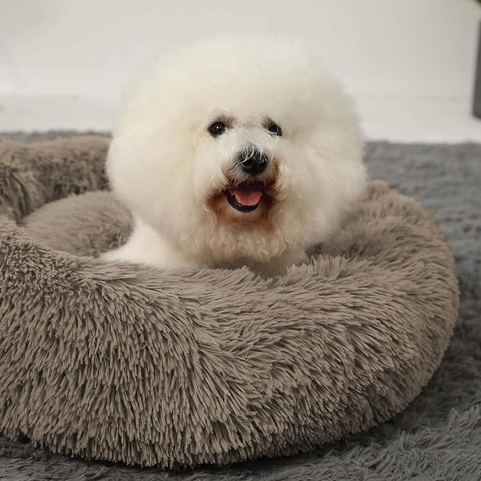 HACHIKITTY Calming Donut Cuddler Dog Bed, Round Fluffy Pet Bed with Sewn-in Cushionfor Large Dogs,Washable, Large, Taupe, 24''