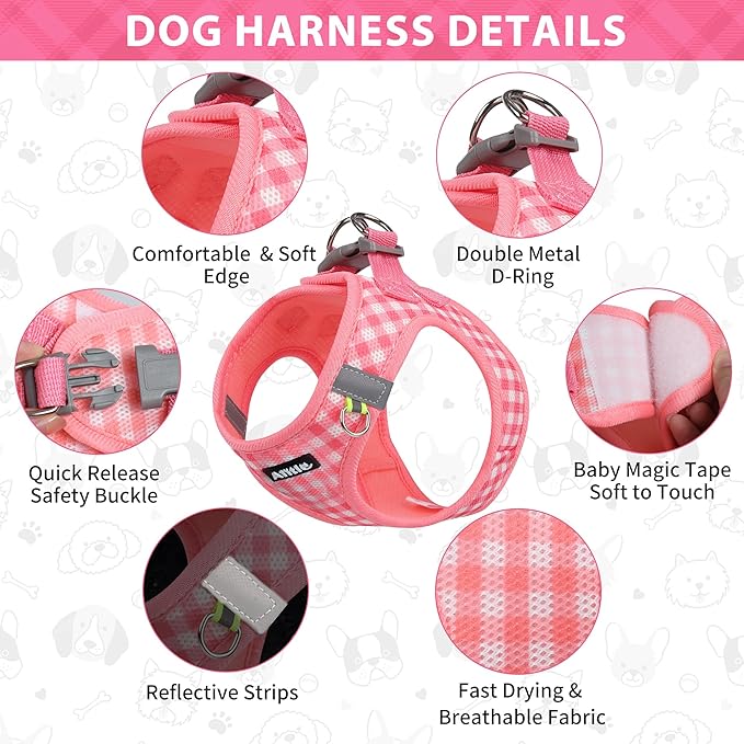 AIITLE Small Dog Harness and Leash Set, Step in No Pull Pet Harness, Soft Mesh Reflective Plaid Vest Harnesses for Small Dogs Puppy and House Cats Outdoor Walking Running Watermelon XS
