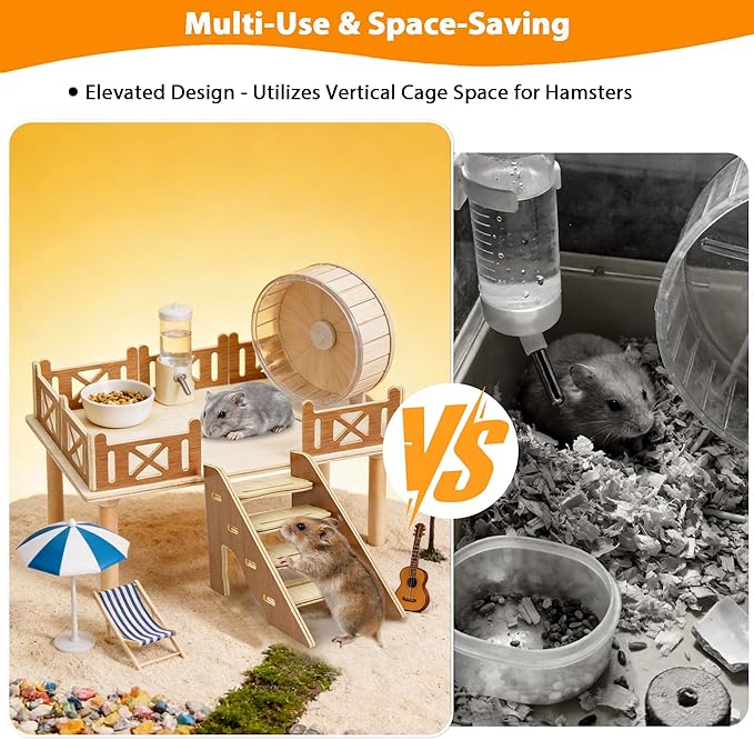 Hamster Platform for Cage with Protective Railings, Elevated Wooden Stand for Food Bowls, Water Bottles or Wheels to Expand Activity Space, Cage Platforms with Climbing Ladder for Hamsters and Gerbils