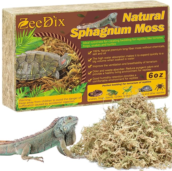 ZeeDix 6 OZ Long Fiber Sphagnum Moss for Reptiles, 8QT Natural Dried Terrarium Reptile Moss Bedding Substrate for Leopard Gecko, Tortoise, Snakes, Frogs, Ball Python & Other Reptiles