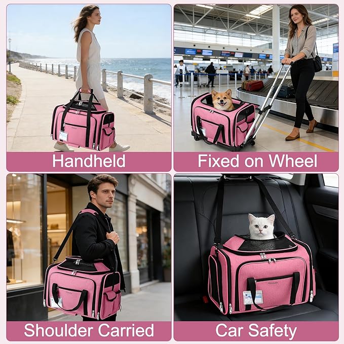 Airline Approved Pet Carrier with Wheels, Top & Side Expandable Soft-Sided Bag, 18x11x11 inches Fits Under Seat for Small Dogs Cats, Double-Sided Mat & ID Card for Travel Vet Visits Camping