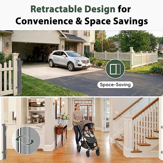 275" Retractable Baby Gates Extra Wide Retractable Fence Outdoor, 22ft Retractable Dog Gates for Doorways Extra Wide Baby Gate, 48" Extra Tall Dog Gate Retractable Pet Gate for Garage, Driveway, Gray