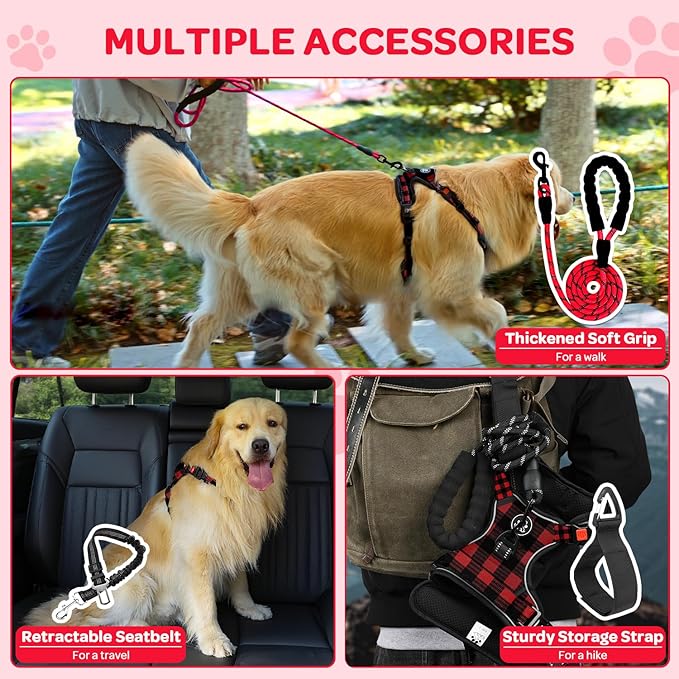 FURRYFECTION Plaid Dog Harness for Medium Dogs, Reflective No Pull Adjustable Pet Vest with Front Clip, Leash, Easy Control Handle and Seat Belt, Red&Black, M