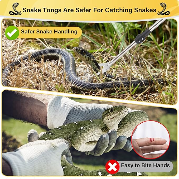 Snake Grabber Tool, 69" Snake Tongs Grabber for Rattlesnake Heavy Duty Professional Folding Snake Feeding Tongs Wide Jaw Snake Handling Tool Long Hndle Stainless Steel Tube Sponge Handle