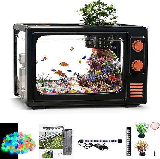 4 Gallon Fish Tank Aquarium Kit with LED Lights, Filter & Plant Planter - Retro TV Shaped Design Desktop Water Garden for Betta/Goldfish