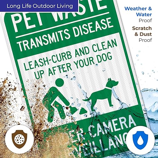Pet Waste Leash-Curb and Clean Up After Your Dog Under Camera Surveillance Sign, (SI-63188) 12x18 Inches, 3M EGP Reflective .063 Aluminum, Fade Resistant, Made in USA