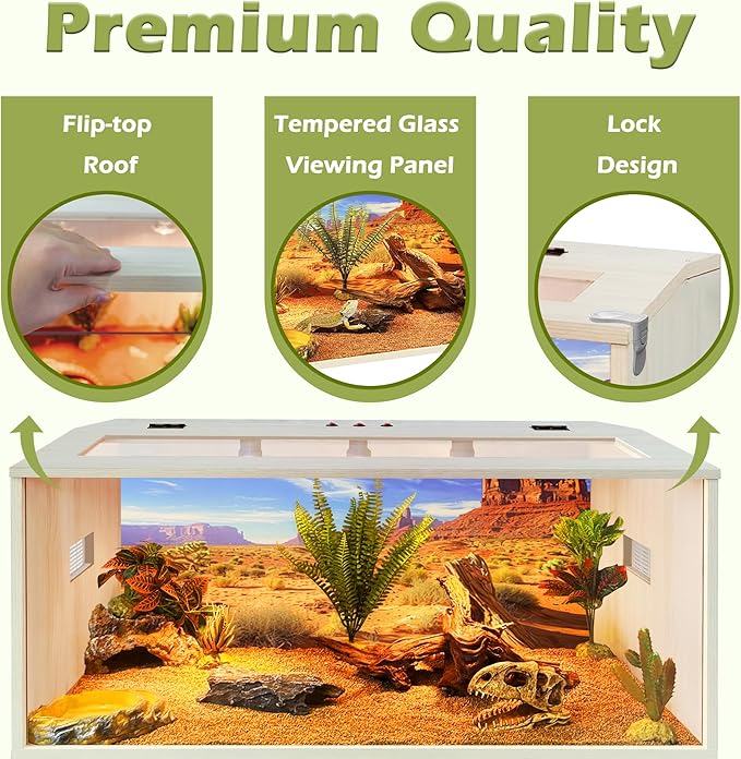 PROLEE Bearded Dragon Tank, Up to 81Gallon Reptile Enclosure, Tempered Glass Lizard Tank, Bearded Dragon Enclosure with Built-in Lamp Fixture for Chameleon (Wooden Roof, 81Gallons,48x19.5x19.5 Inch)