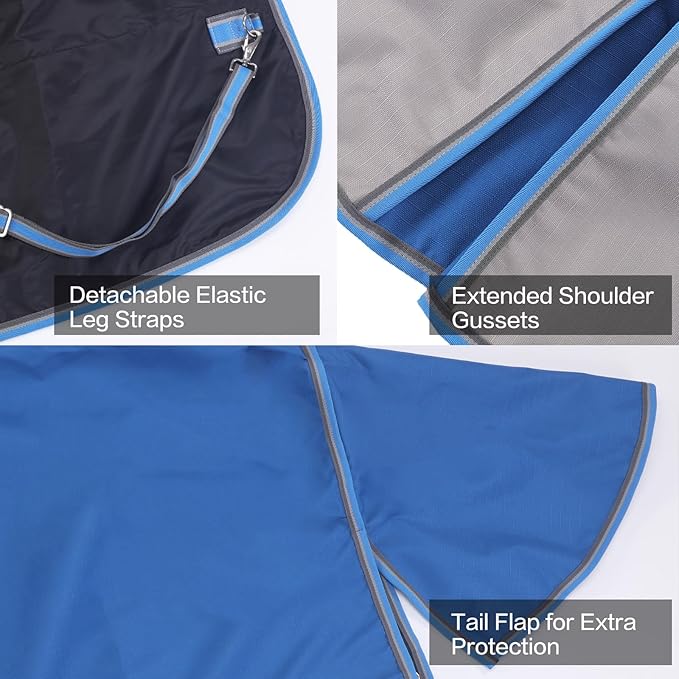 1200D Ripstop Waterproof Breathable Horse Blanket (0g No Fill), Lightweight Turnout Rain Sheet, Keeps Dry in Mud & Wet Weather Bluegrey 78"