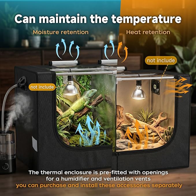 Large Reptile Enclosure Tent, 4 x 2 x 2 ft (48 x 24 x 24 Inch) Habitat with Insulated Cover & Stainless Steel Frame, Dual 4" Accessory Ports for Bearded Dragon, Lizards, Geckos & Chameleons