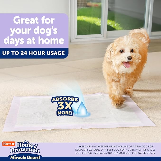 Hartz Miracle Guard Dog and Puppy Dog Pads Max Absorbency 24 Hour Use Odor Eliminating Lavender Scented No Leaks, 3XL Size 20 Count