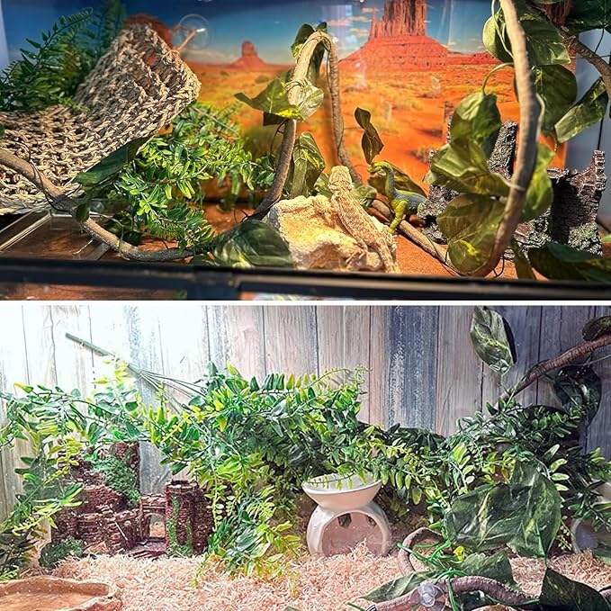 5 PCS Tank Accessories for Bearded Dragon Include Resin Classical Castle Reptile Climb Habitat Decor Hanging Jungle Vines Flexible Leaves Climbing Decor for Lizard Gecko Chameleon Spider