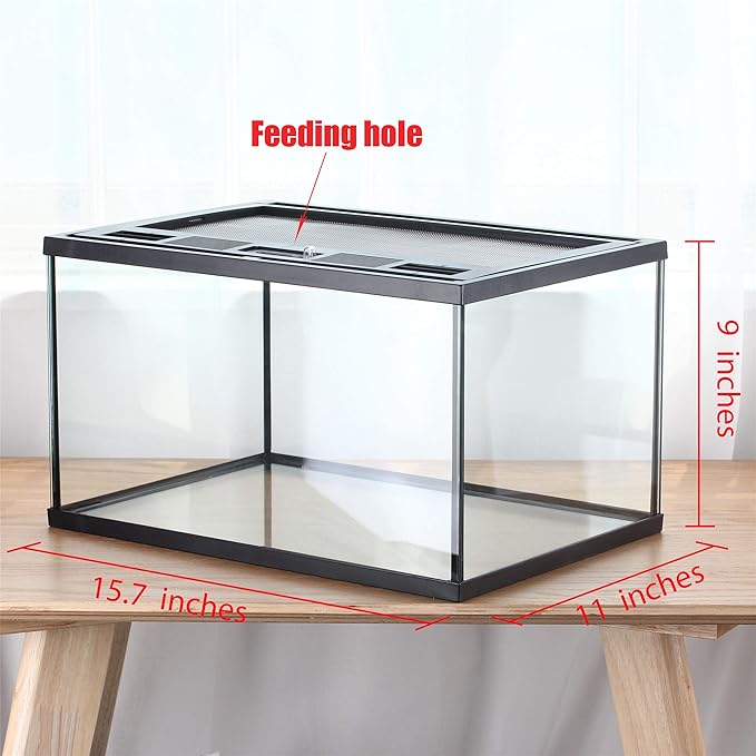 crapelles Frogs Glass Terrarium Feeding kit Tank, 15.7×11×9 inches, for Reptile Amphibians, Insect, Horned Frogs, Waterweed Prairie Style Habitat, with Green Artificial Turf Pad, Natural Volcanic Rock