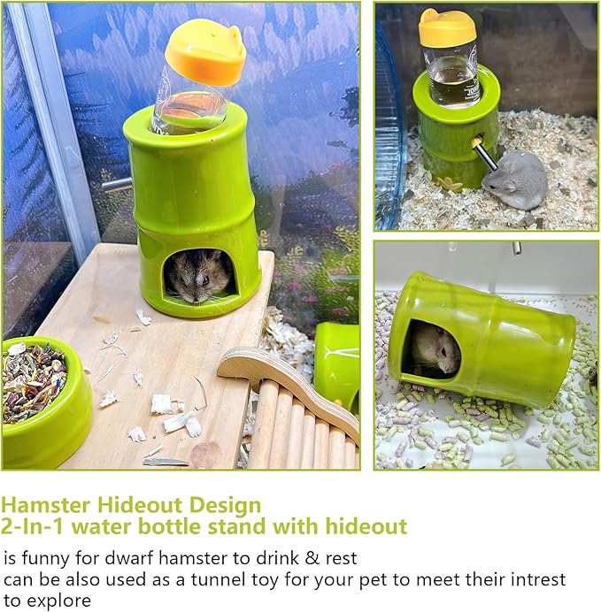 Hamiledyi Ceramic Hamster Hideout Food Bowl Water Bottle Stand Holder Dispenser Syrian House and Habitats Hide Hut Bed Cage Accessories Decor for Mice Dwarf Hamster Gerbil Rat