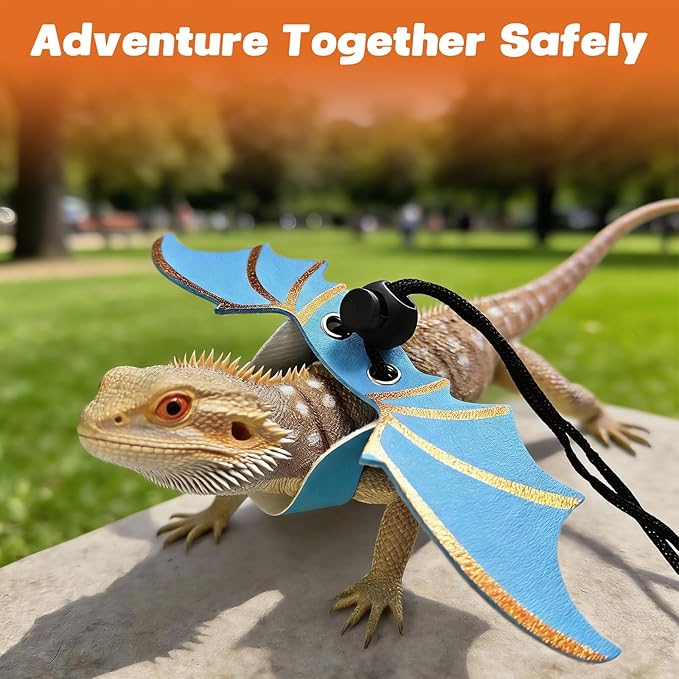 Dinosaur Wing Leash Harness for Bearded Dragons - 3-Size Adjustable Reptile Harness Set, Safe Escape-Proof Design for Lizards, Geckos, Iguanas & Small Pets (Blue)