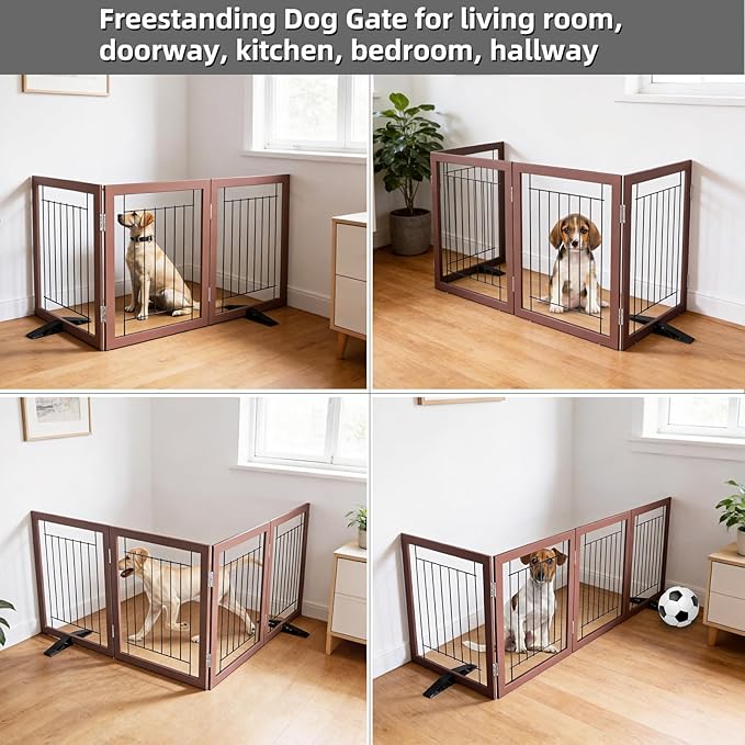 ZJSF Freestanding Dog Gate Indoor, Foldable Dog Fence for Doorways,Hallways or Stairs, Sturdy Wood Extra Wide Pet Gate with Support Feet,Brown,24 "Height-3 Panels