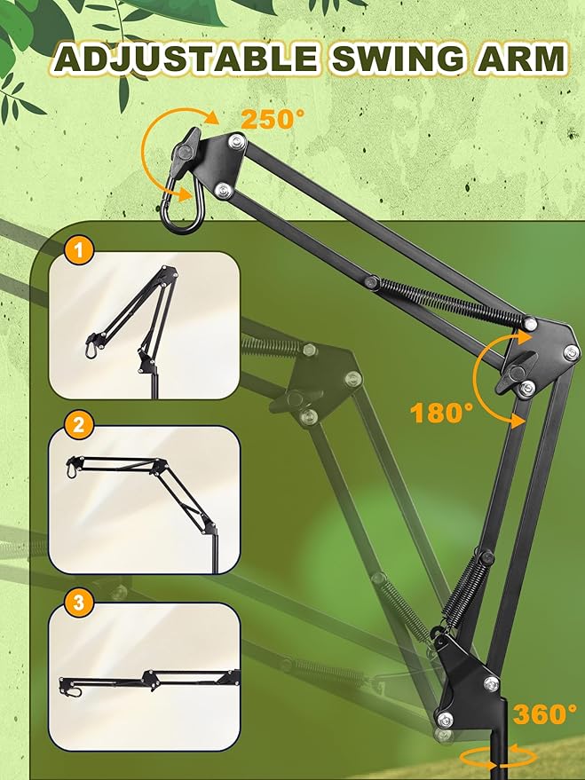 Reptile Light Stand, Heat Bulb Stand (15.7 to 74.3 inch) with Adjustable 360° Swing Arm for Terrarium, Reptile Heat Lamp Stand for Bearded Dragons, Turtles, and Chameleons (Black)