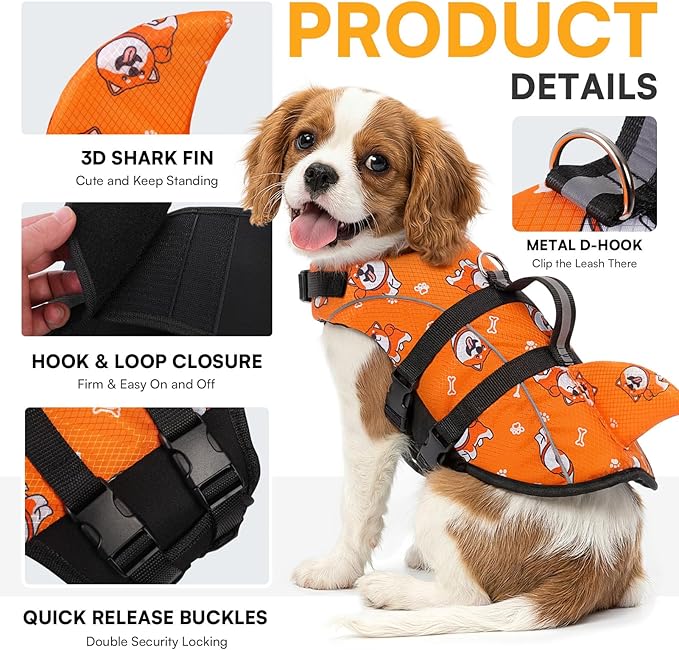 Queenmore XXS Cat Life Vest for Swimming, Extra Small Dog Life Jacket for Boating, Lightweight Dog Shark Life Jacket with Rescue Handle/Leash Hook/Reflective Strips