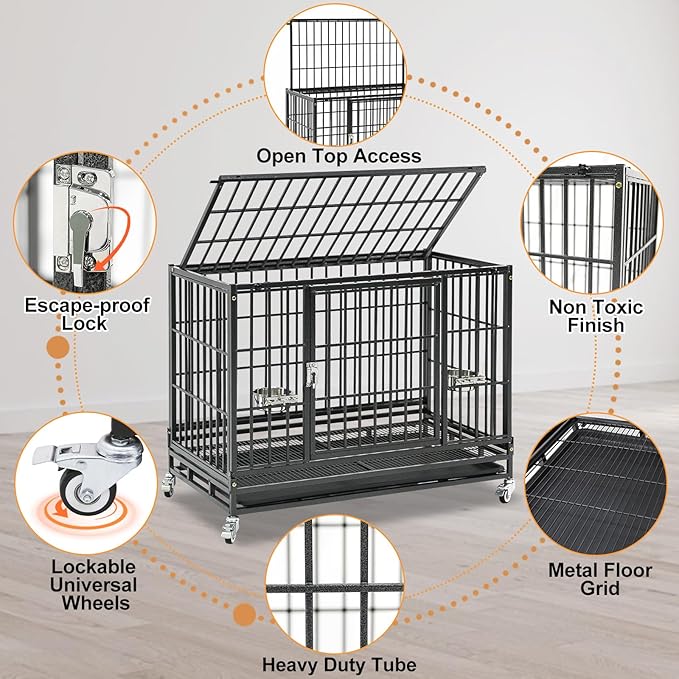 Homey Pet 37 Inch Heavy Duty Dog Crate Indestructible, Collapsible Dog Cage with Lockable Wheels, Removable Tray, High Anxiety Dog Kennel Indoor, Two Tiers Stackable Dog Crates for Medium Dogs