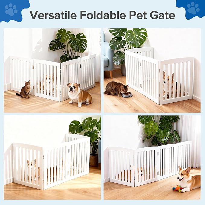 DUMOS Pet Gate for Dogs and Cats, 24 Inch 4 Panels Foldable Wooden Freestanding Dog Gate with Hinge Design, Indoor Portable Extra Wide Dog Fence Pet Barrier for Doorways, Stairs, Kitchen, White