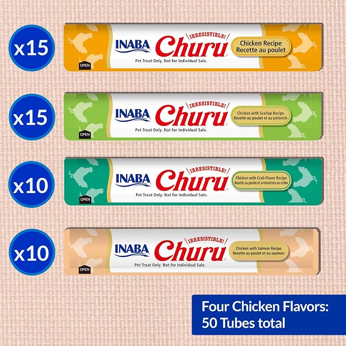 INABA Churu Cat Treats, Lickable, Squeezable Creamy Purée Cat Treat with Green Tea Extract & Taurine, 0.5 Ounces Each Tube, 50 Tubes, Chicken & Seafood Variety - Image 6