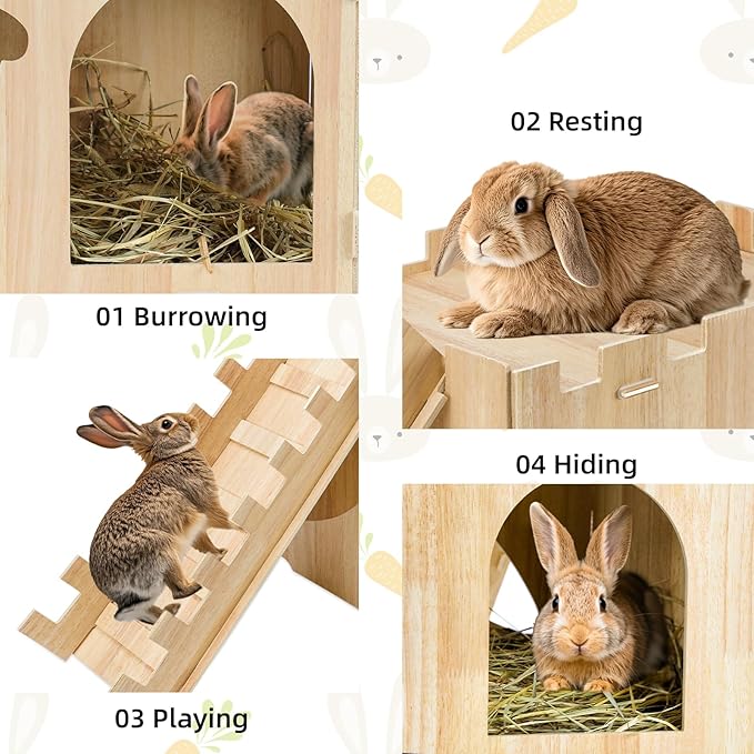YUEPET Large Wooden Rabbit Castle with Ramp, Rabbit Pig Hideout Detachable Bunny House Indoor Small Animal Houses & Habitats for Adult Bunny Guinea Pig Chinchilla Hide Rest Play