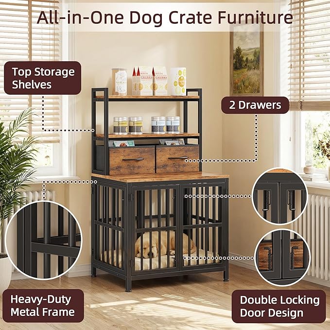 HIGDBFE Dog Crate Furniture with Drawer & Shelf, 25.5" Small Dog Crate with 4 Lockable Doors, Indoor Dog Kennel for Small Dogs, Anti-Chew Dog Cage with Storage, Rustic Brown, 43.7" H