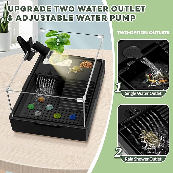 GOZILLA Small Turtle Tank Kit+Water Pump+Lamp, Acrylic Turtle Tank Starter Kit with Adjustable 5W Water Pump and Timing/Dimming Lamp, Multi-Functional Area for Small Turtles(Black Kit).