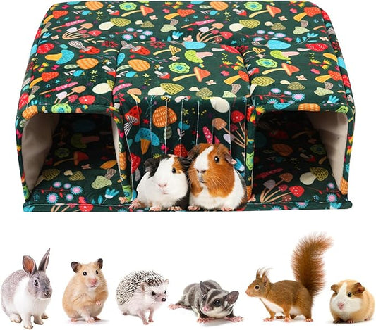 Guinea Pig Hideout with Tunnels, Toys & Cozy House - Soft Large Bed for Small Pets - Blackish Green Mushroom