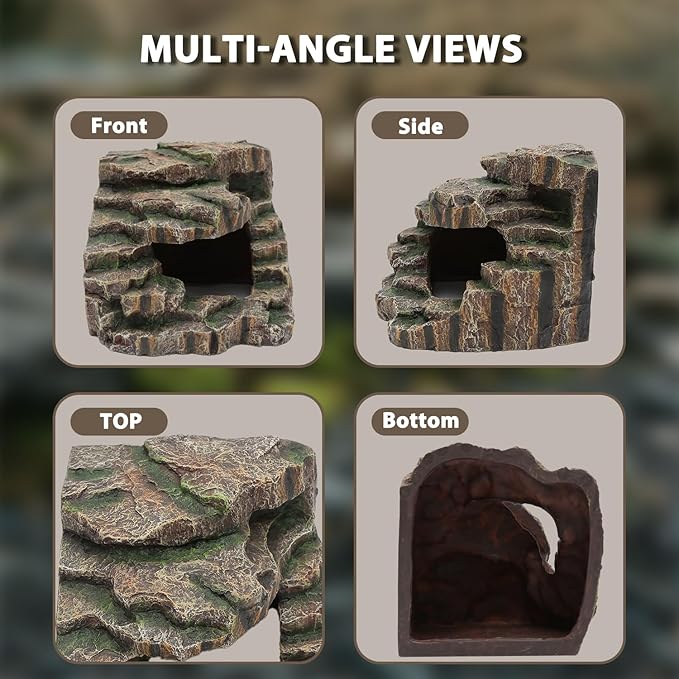 Resin Reptile Cave Hideout, Rock-Style Basking Platform, Aquarium and Terrarium Decor, Ideal for Reptiles, Amphibians and Fish