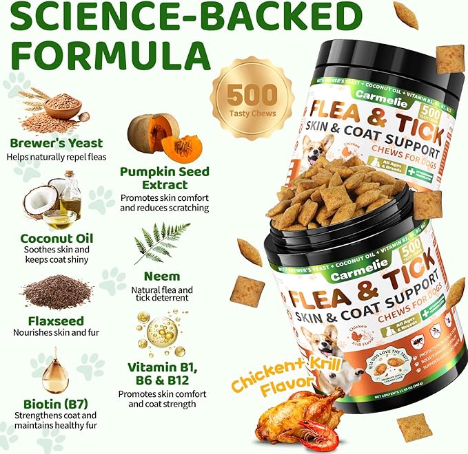 Flea and Tick Prevention for Dogs Chewables, 500 Crunchy & Savory Dog Flea and Tick Treatment with Multivitamins - Support Skin & Coat - Tasty Treats for All Breeds & Ages - Chicken and Krill Flavor