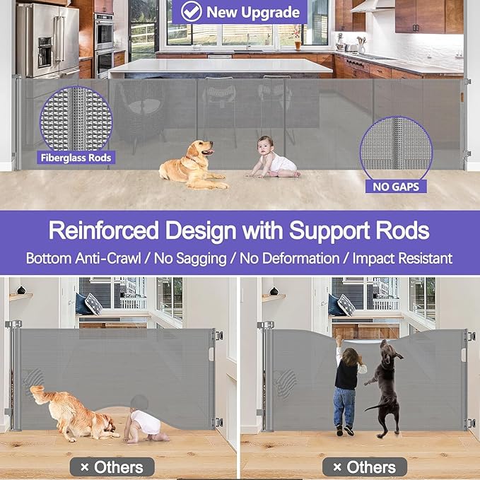 Reinforced 42" Extra Tall x 96" Wide Retractable Pet Gate with Support Rods-Prevent Crawling Under, Mesh Baby Gate Long Dog Gate Indoor/Outdoor Retractable Gate Tall Dog Gates for Doorways, Gray