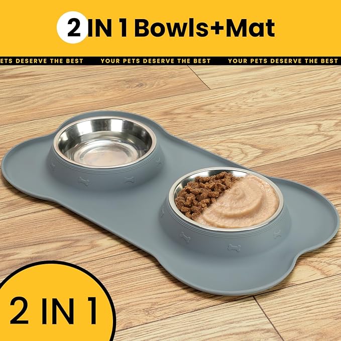 Conlun Medium Pet Feeding Station, 29oz Stainless Steel Dog Bowls Set, No Spill Food & Water Dishes with Non Slip Silicone Mat for Breeds Up to 55 Lbs, Grey