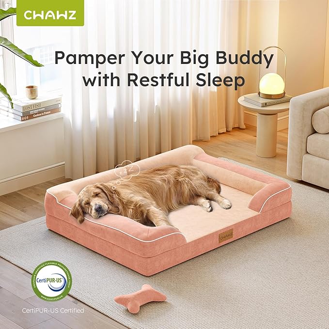 CWAWZ Jumbo Dog Bed for Extra Large Dogs, Orthopedic Dog Bed with Cooling Gel Memory Foam, Waterproof Pet Bed with Removable Washable Cover, 45" Pet Sofa Couch Dutch Velvet with Bone Toy, Peach Pink