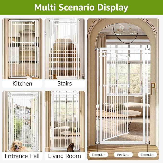 78.8" Extra Tall Cat Gate, 28.3-33" Wide Safety Metal Cat Door, Pressure Mounted Easy Walk Through Pet Gate with Door for Stairs, Doorways, White