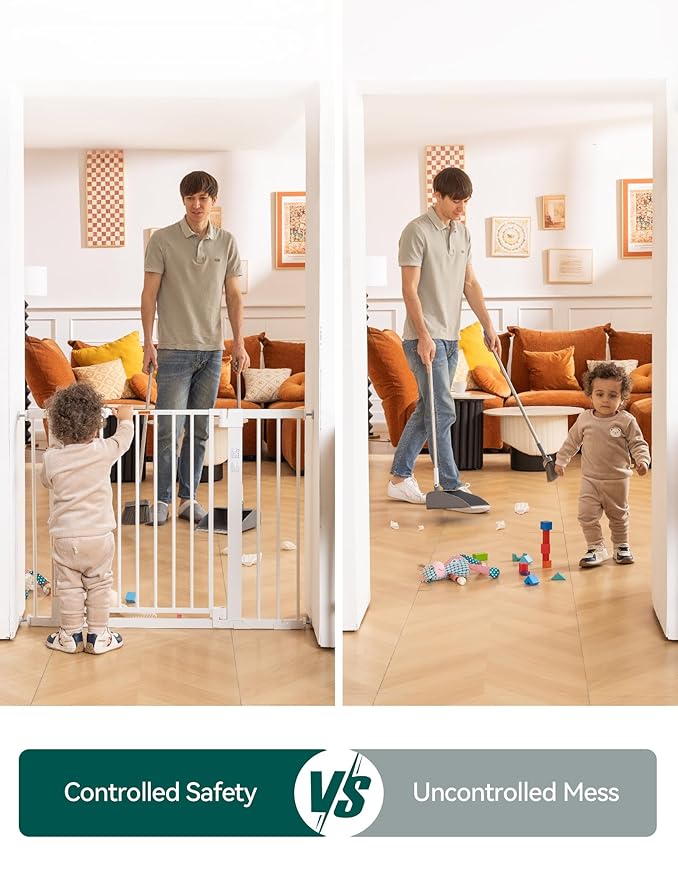 Babelio 29-43" Magnetic Baby Gate for Stairs,Doorways House,Kitchen,30" Tall Pet Door with Baffles,Pressure Mounted & Dual-Lock Design Safety for Kids Toddler,Auto-Close/Hold-Open,White