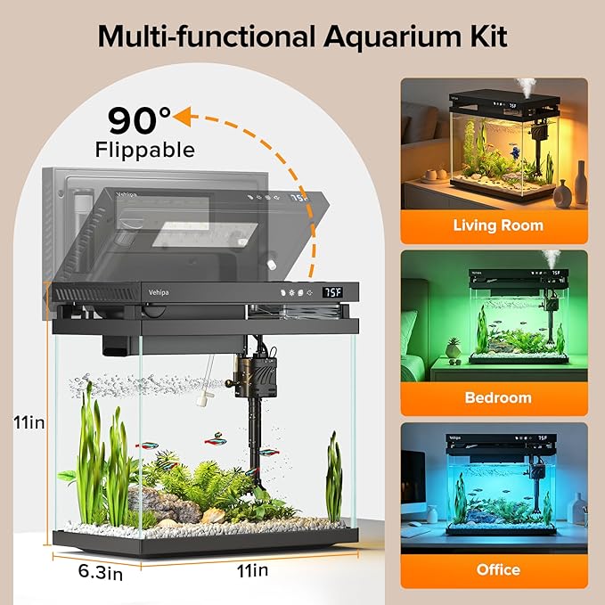 Fish Tank, 2.2 Gallon Smart Aquarium, Small Fish Aquarium Kits with Smart Humidifier, Auto Feeder, Silent Water Pump, Temperature Display & 7-Color Lighting, for Office & Home - Black