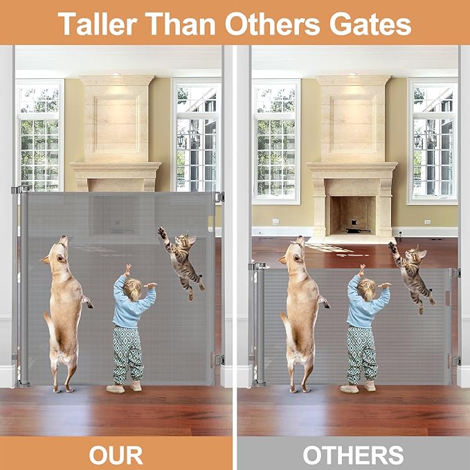 48" Extra Tall Retractable Dog Gate Indoor Prevent Your Baby/Dog/Cat from Jumping Over 55" Wide Extra Tall Retractable Baby Gate for Doorway Mesh Gates for Kids or Pets Puppy Gates for the House, Gray