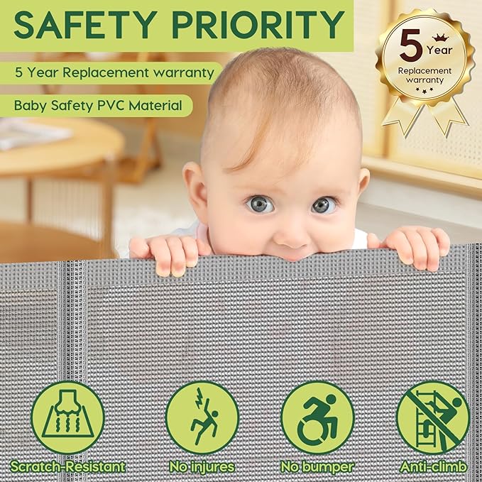 Reinforced 55" Wide Retractable Dog Gate with Support Rods, 33" Tall Retractable Baby Gate for Dogs, No Sag and Wrinkle Mesh Child Gates for Doorways, Indoor Pet Barrier Stair Gates for Kids, Gray