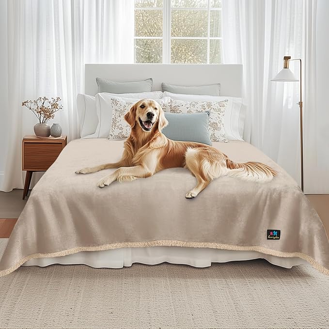 Luciphia Waterproof Pet Blanket, Liquid Pee Proof Dog Blanket for Sofa Bed Couch, Reversible Sherpa Fleece Furniture Protector Cover for Small Medium Large Dogs Cats, Dark White Queen Size（90" x 82"）