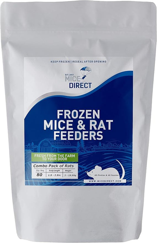 MiceDirect 80 Frozen Rat Combo Pack 40 Pinkies and 40 Fuzzies Feeders Snake Food for Baby Ball Pythons and Boas (.5-2.5 in)(480 Grams Min)