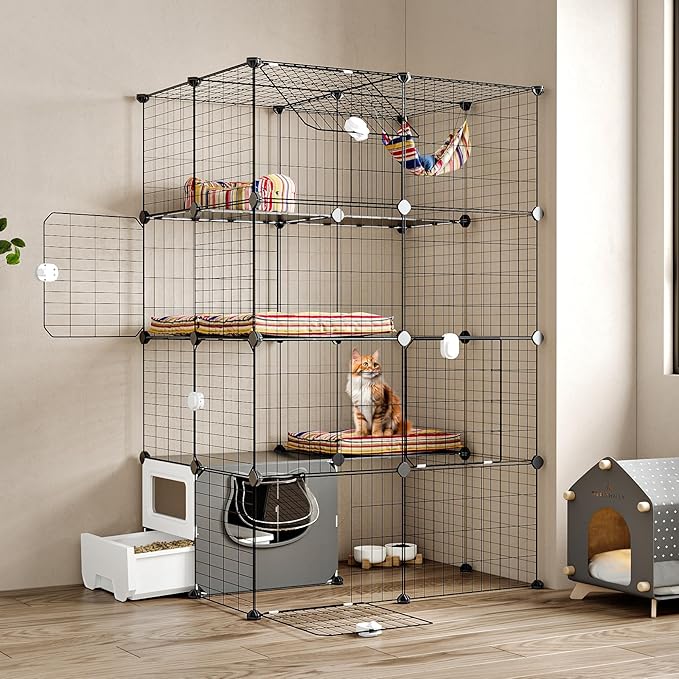Oneluck Cat Cage with Litter Box, 4-Tier DIY Enclosures Detachable Metal Wire Kennel Catio Indoor Crate Large Exercise Place Ideal for 1-2 Cats