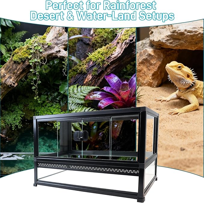 Reptile Terrarium Glass Enclosure 22" × 14" × 12", Front Opening Tank with Mesh Top, Easy Assembly for Small Reptiles, Geckos, Lizards, Snakes, Turtles & More