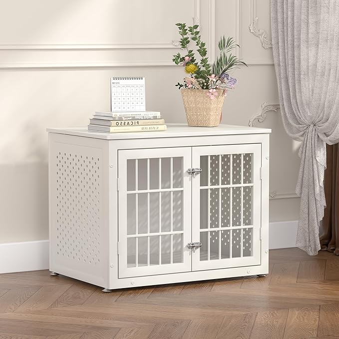 rehomerance 32" Heavy Duty Dog Crate Furniture for Small and Medium Dogs, Metal Kennel for High Anxiety Dogs, Chew Proof Pet Cage Indoor, Decorative Dog Kennel End Table, White